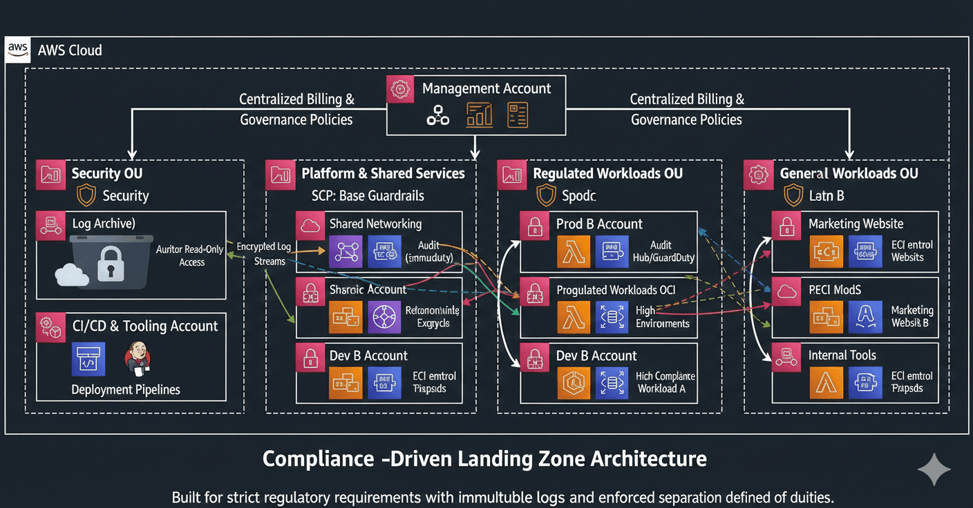 Diagramm einer Compliance-Driven Landing Zone mit strikter Trennung zwischen Security, Platform/Shared, regulierten Workloads und allgemeinen Workloads.