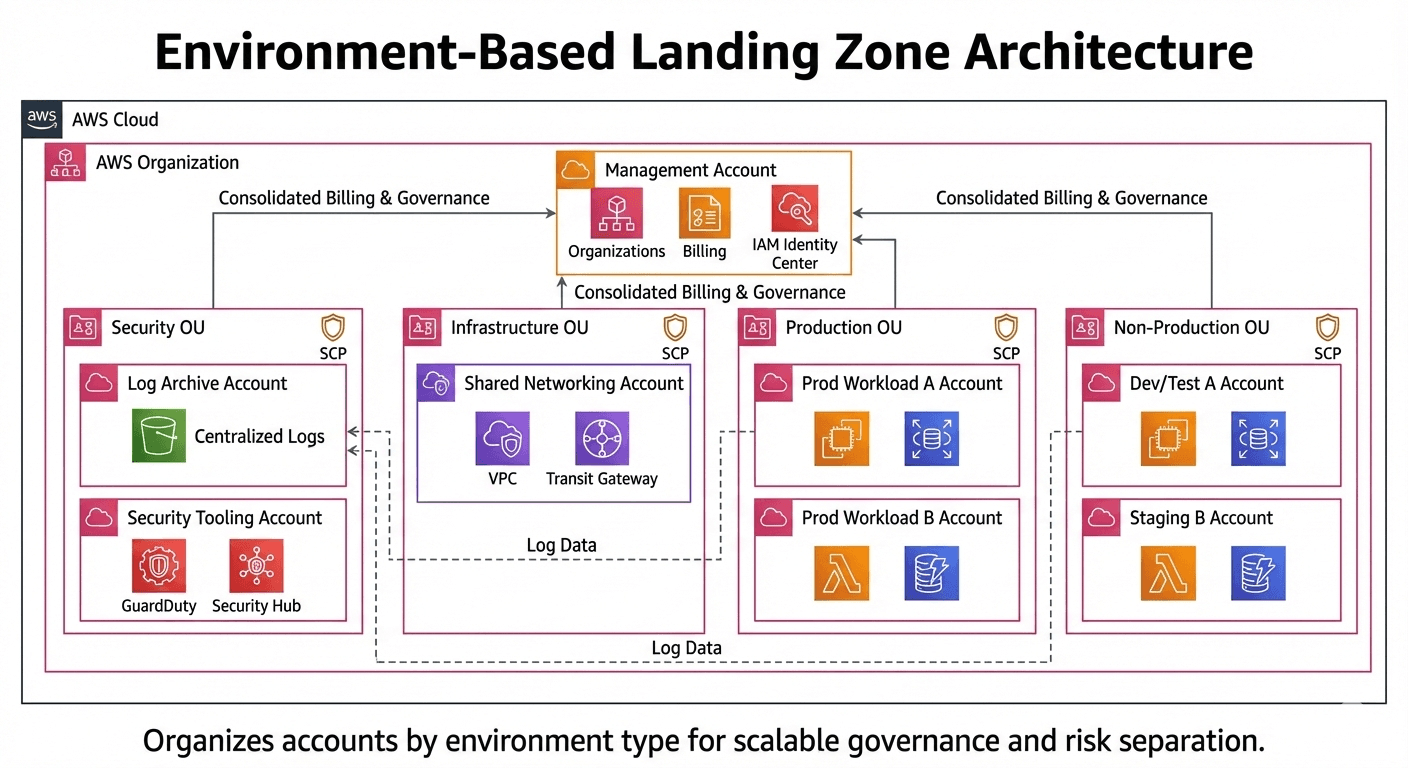 Diagramm einer Environment-Based Landing Zone mit Security-, Infrastructure-, Production- und Non-Production-Organizational Units.