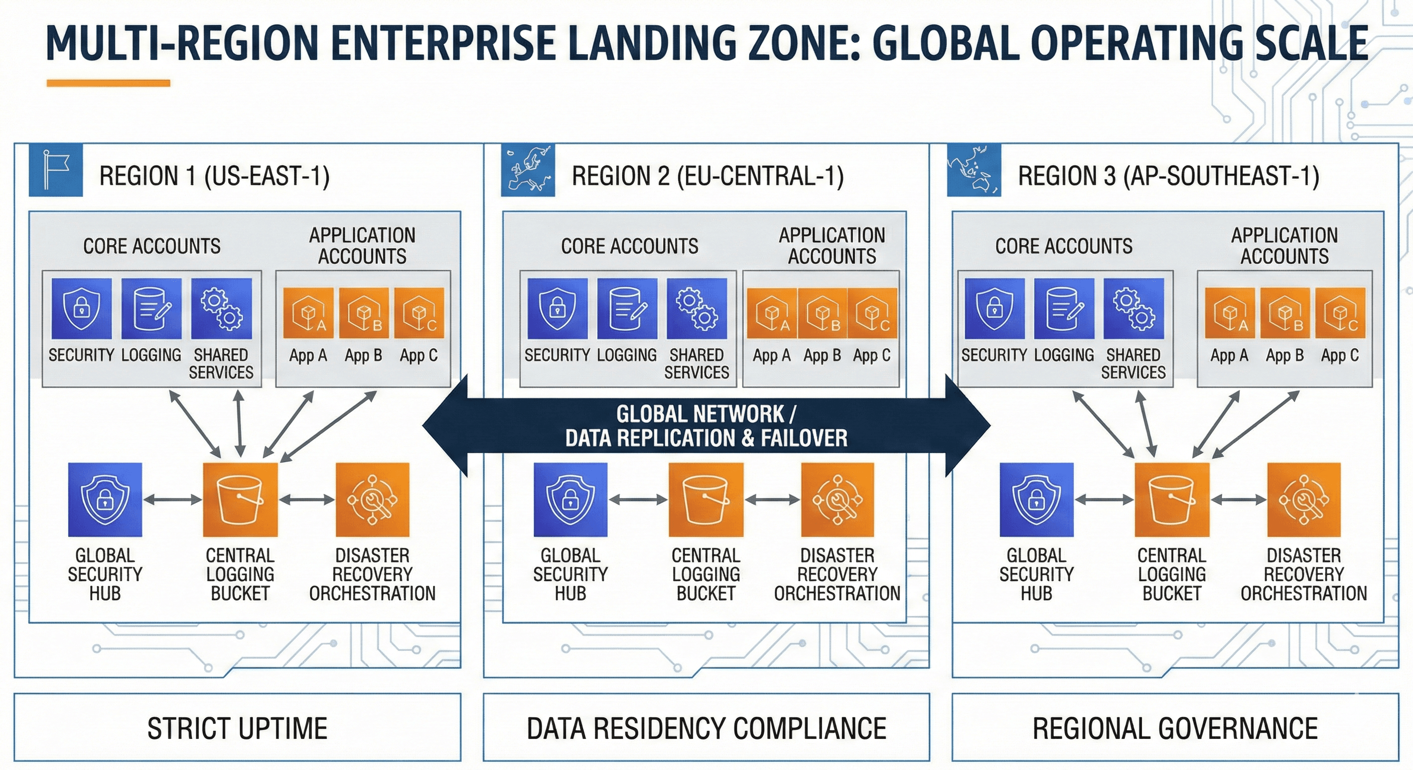 Diagramm einer Multi-Region-Enterprise-Landing-Zone mit Core-Accounts und über Regionen replizierten Application-Accounts sowie globalem Networking und Failover.
