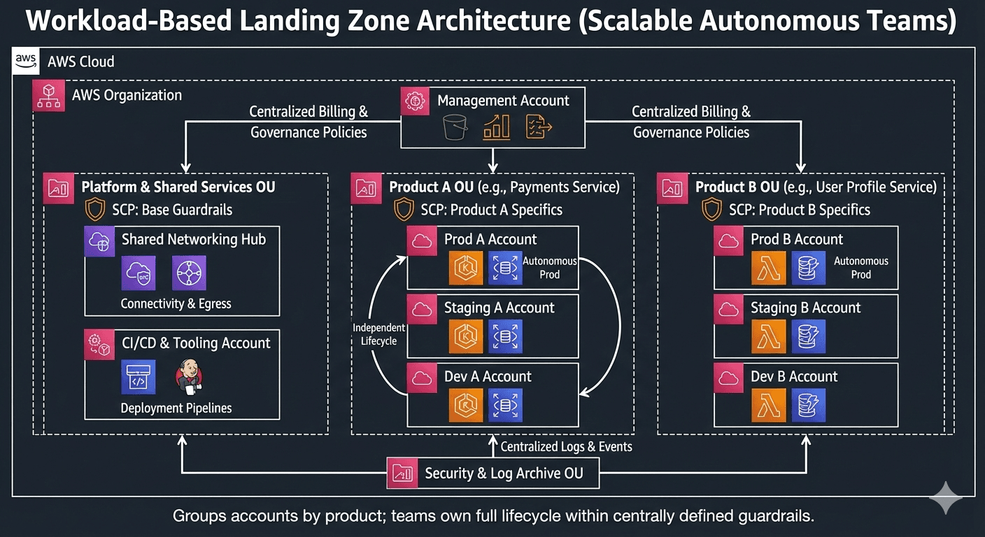 Diagramm einer Workload-Based Landing Zone mit gemeinsamer Platform-OU und mehreren Produkt-OUs mit getrennten Accounts.