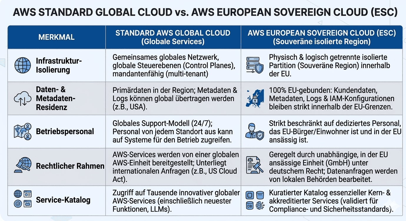 Vergleichstabelle: AWS Standard Global Cloud vs. AWS European Sovereign Cloud (ESC) zu Isolation, Datenresidenz, Personal, Rechtsrahmen und Service-Katalog.